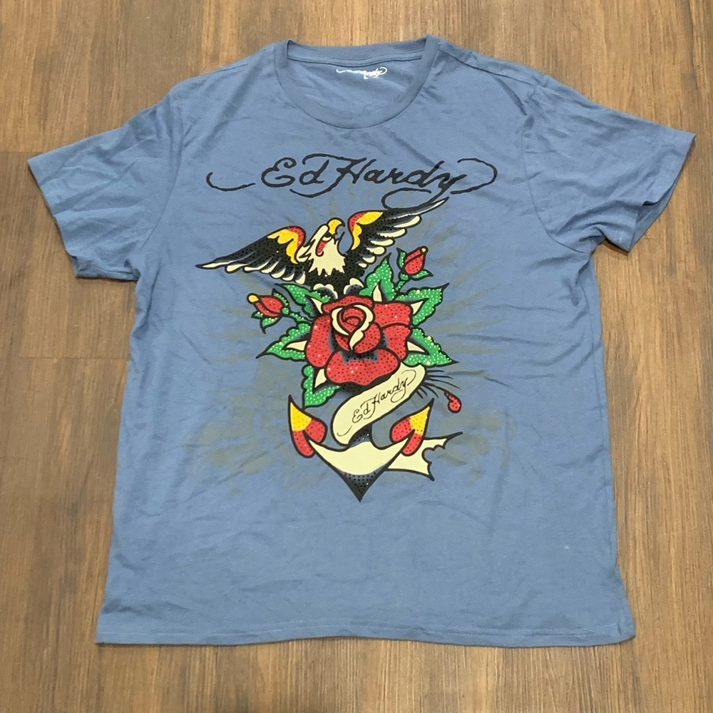 Ed Hardy Blue Tee with Bold Rose & Anchor Sz L